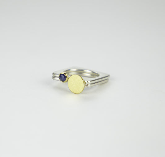 Pair of square silver rings featuring a rosecut sapphire and textured gold moon #BarbaraSpenceJewellery