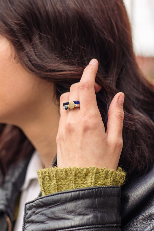 Pair of square silver rings featuring a rosecut sapphire and textured gold moon, with a sapphire perspex ring #BarbaraSpenceJewellery